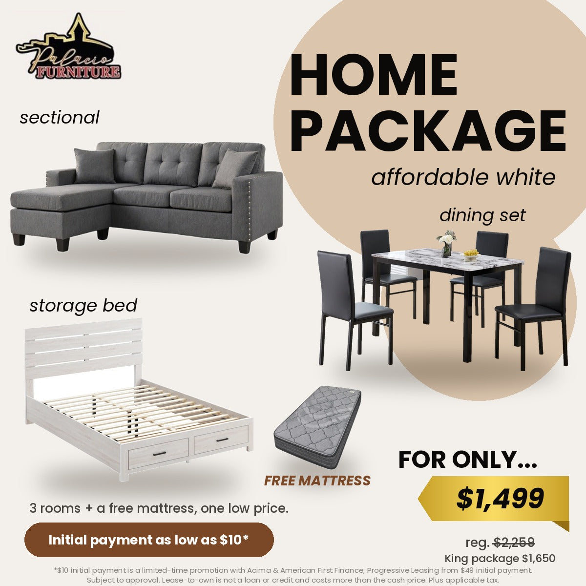 Affordable Home Package White - sectional, dining set, storage bed and free mattress